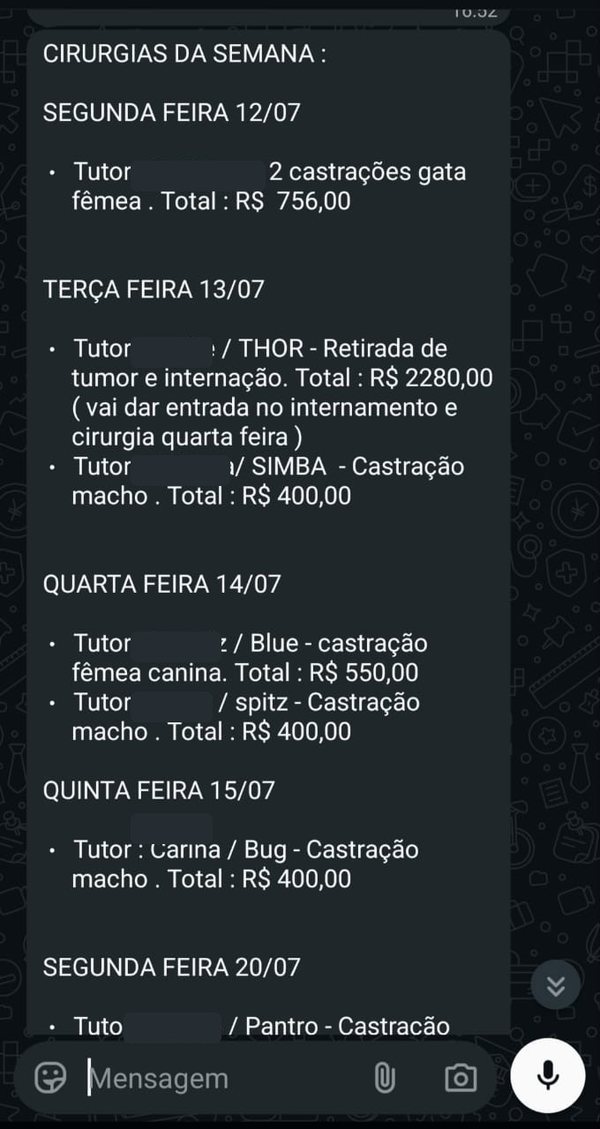Agenda cirúrgica da semana enviada pelo cliente