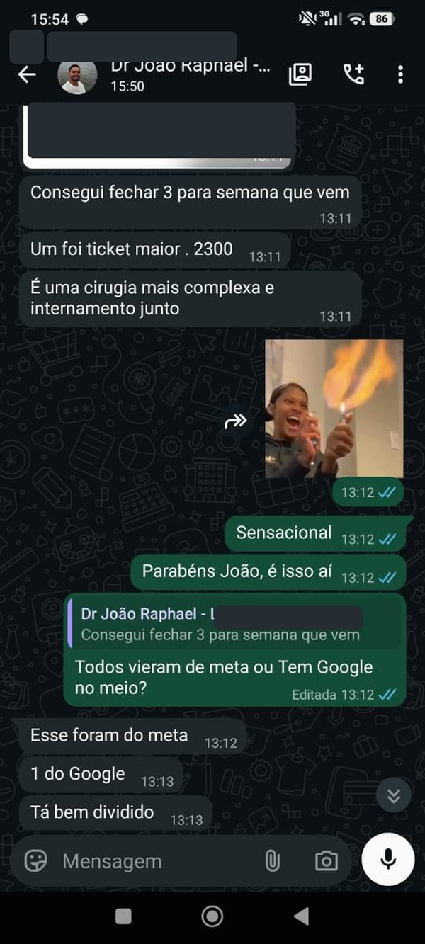 Cliente confirmando cirurgia de R$ 2.300 e a origem dos leads